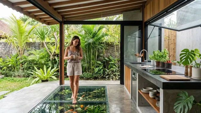 Ilustrasi dapur semi outdoor untuk artikel 11 Inspirasi Dapur Semi Outdoor dengan Kolam Ikan Mini
