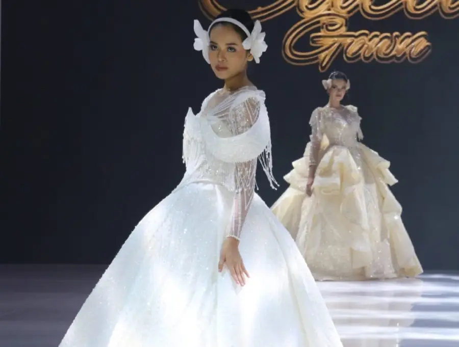 Ilustrasi gaun pengantin princess untuk artikel Caca Gown Bawa Gaun Pengantin Princess Bernuansa Tabebuya ke…
